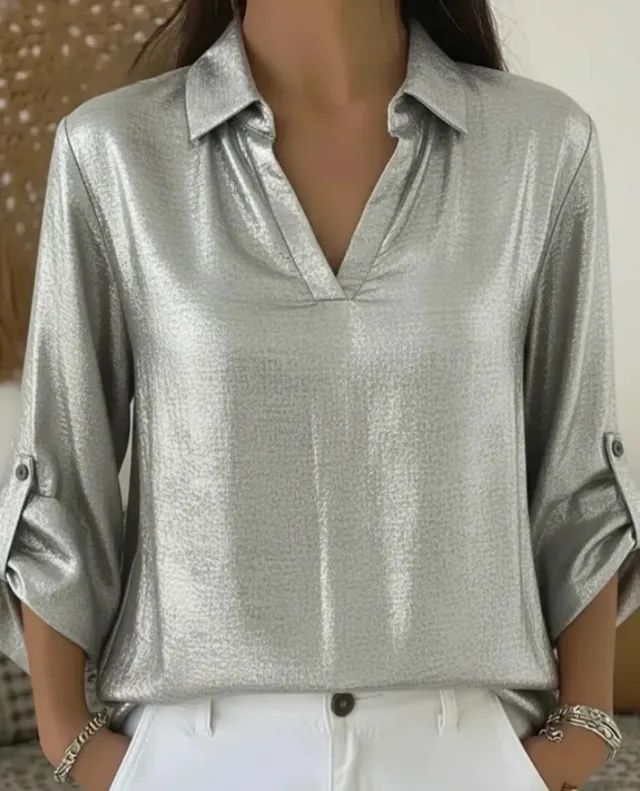 Loose fit Womens Gold foil V neck T shirt With Pocket White - Shop at LoveMi