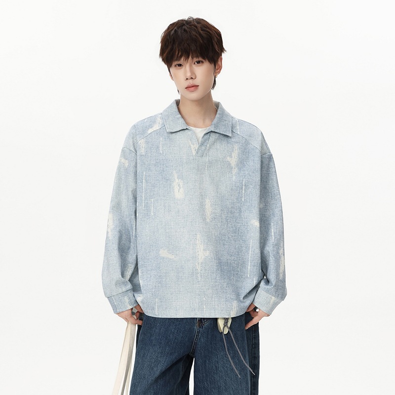 Mens Autumn Loose-Fit Casual Polo Shirt With A Mock Two-Piece Design And V-Neck
