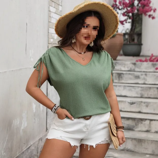 Womens V neck Loose fit Drawstring Short sleeve Top Green - Shop at LoveMi