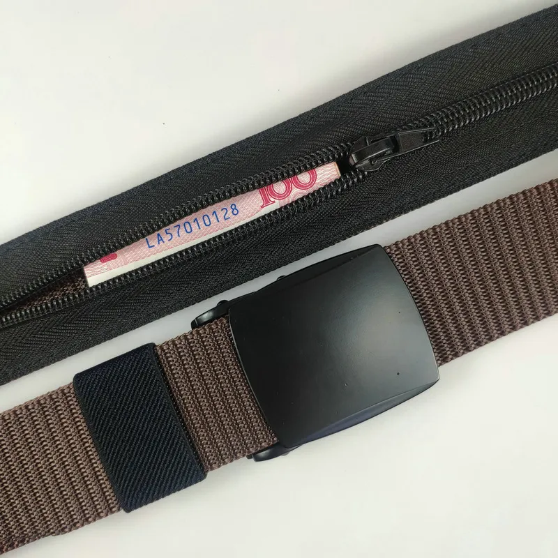 Tank Pattern Alloy Buckle Hidden Money Belt Invisible Zipper Purse Pant Belt - Black Buttons Brown