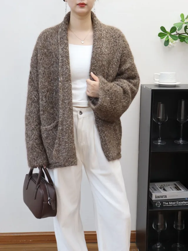Loose Knitted Cardigan Half open Collar Women's Sweater Jacket Maroon - Shop at LoveMi