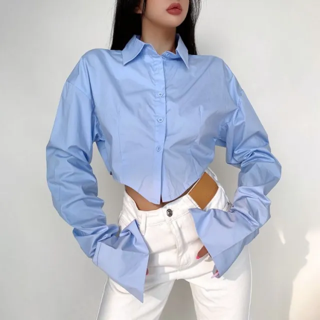 Women's Design Sense Niche Lapel Long Sleeve Short Cinched Blouse Blue - Shop at LoveMi