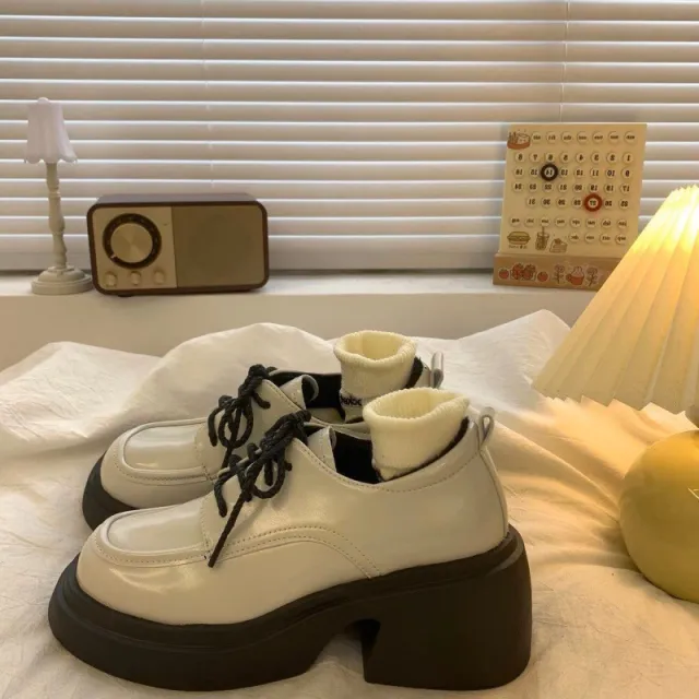 Small Leather Shoes Black High Heel Women's Chunky Heel Platform Beige - Shop at LoveMi