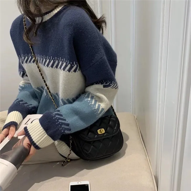 Gentle Style Fashionable Stylish Contrast Color Lazy Sweater Women's - Blue