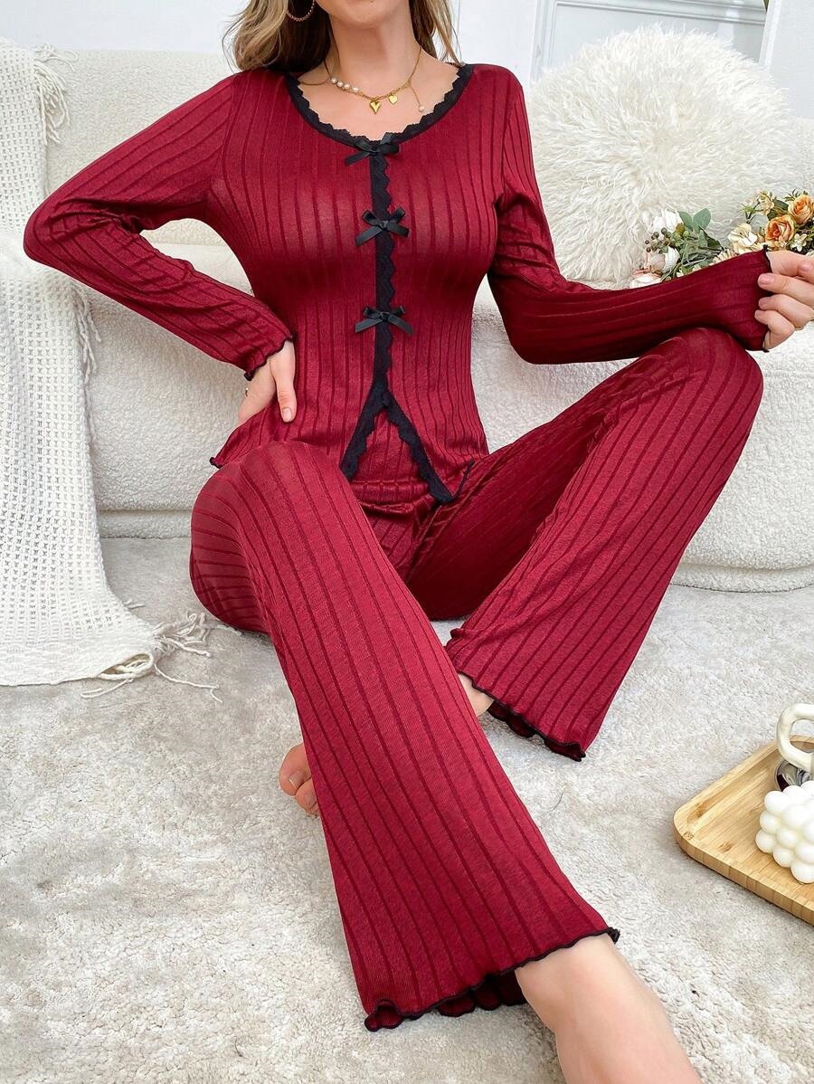 Long Sleeve Trousers Casual Homewear Lace Cardigan Suit Red - Shop at LoveMi