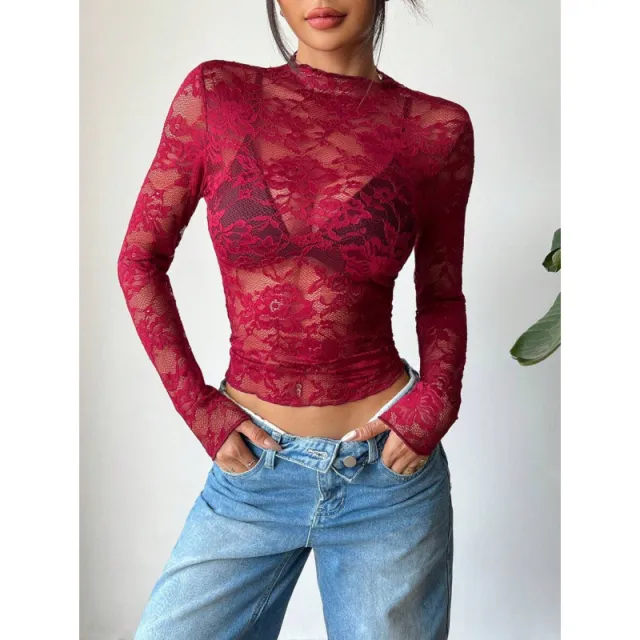 Women's Lace Elastic Peony Print Sheer Sexy Top Burgundy - Shop at LoveMi