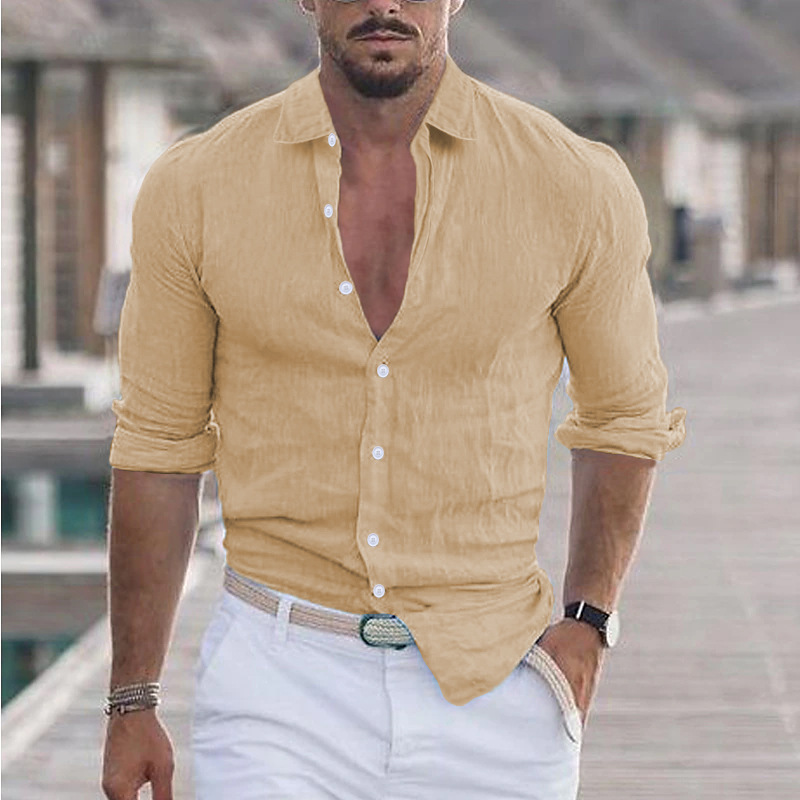 Mens Cotton-Linen Lapel Beach Long-Sleeve Shirt