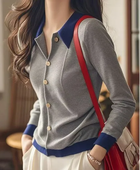 Designer Niche Color block Knitwear Women Single breasted Inner Wear Gray - Shop at LoveMi