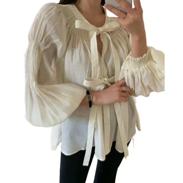 Women's Vintage Court Style Lace up Long Sleeve Shirt Apricot - Shop at LoveMi
