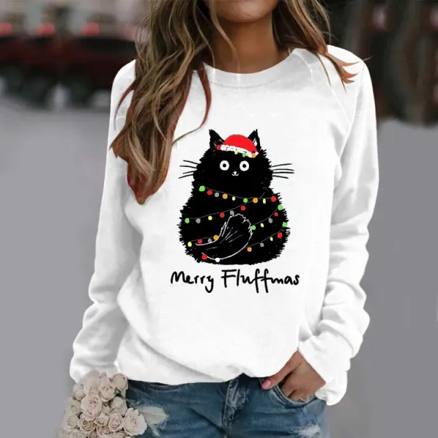 Christmas Womens T Shirt Ugly Cat Long sleeved White2 - Shop at LoveMi