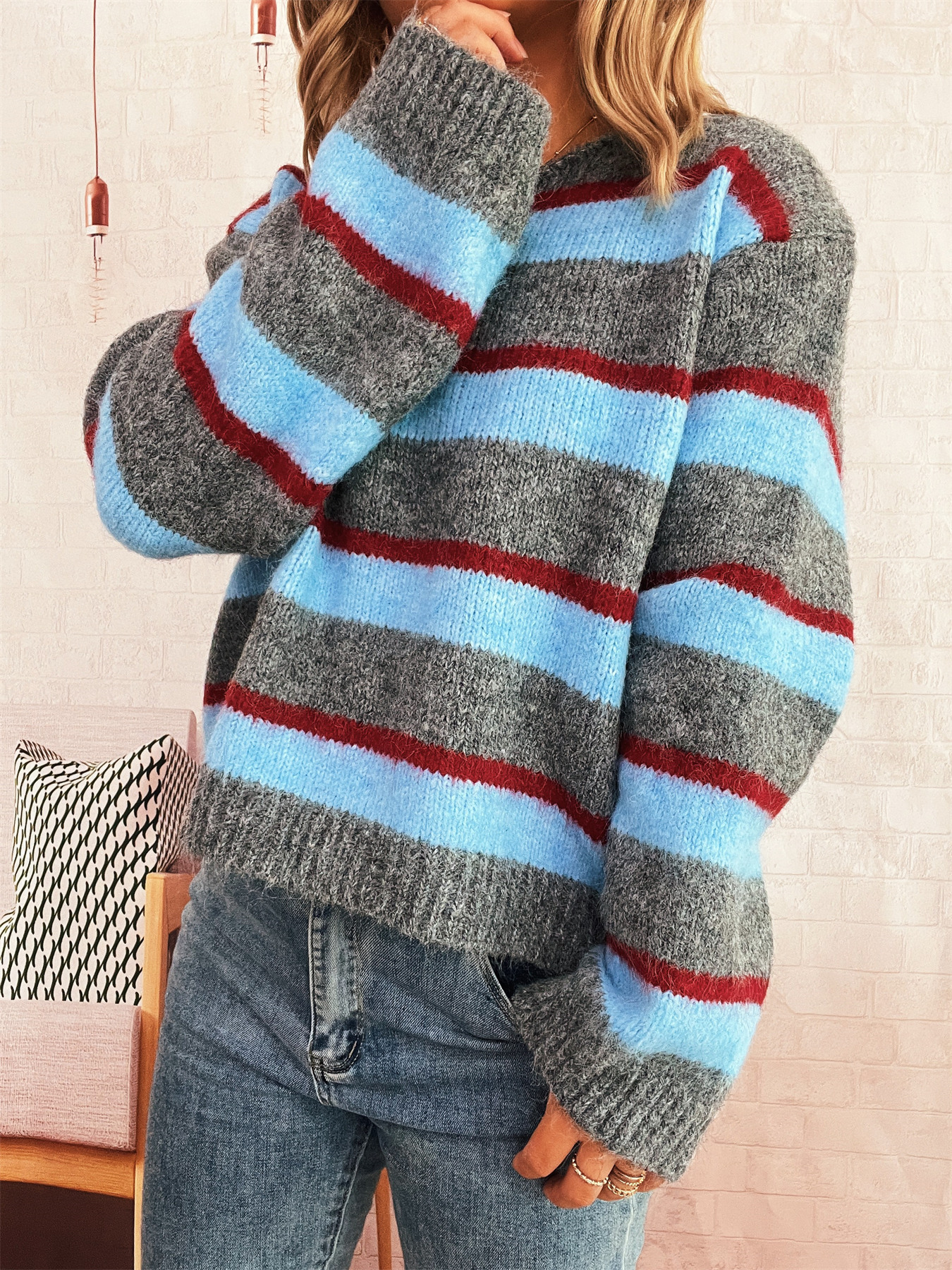 Striped Contrast Color Commuter Knit Casual Round Neck Long Sleeve Sweater