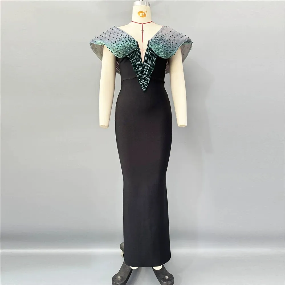 Summer New Bandage Elegant Socialite Beaded Waist Slimming Long Dress - Green