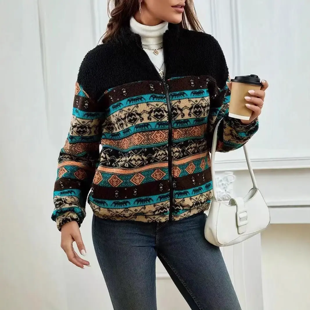 Double-sided Plush Stand-up Collar Zip-up Cardigan