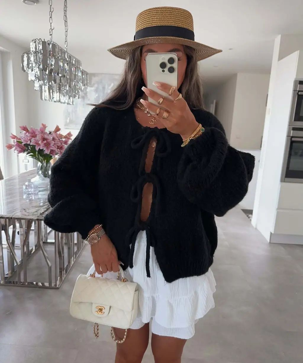 Casual Knitted Bow Lace Up Cardigan Women Solid O-neck Short Sleeve Hollow Out Sweater Female Autumn Lady Solid Streetwear - Black