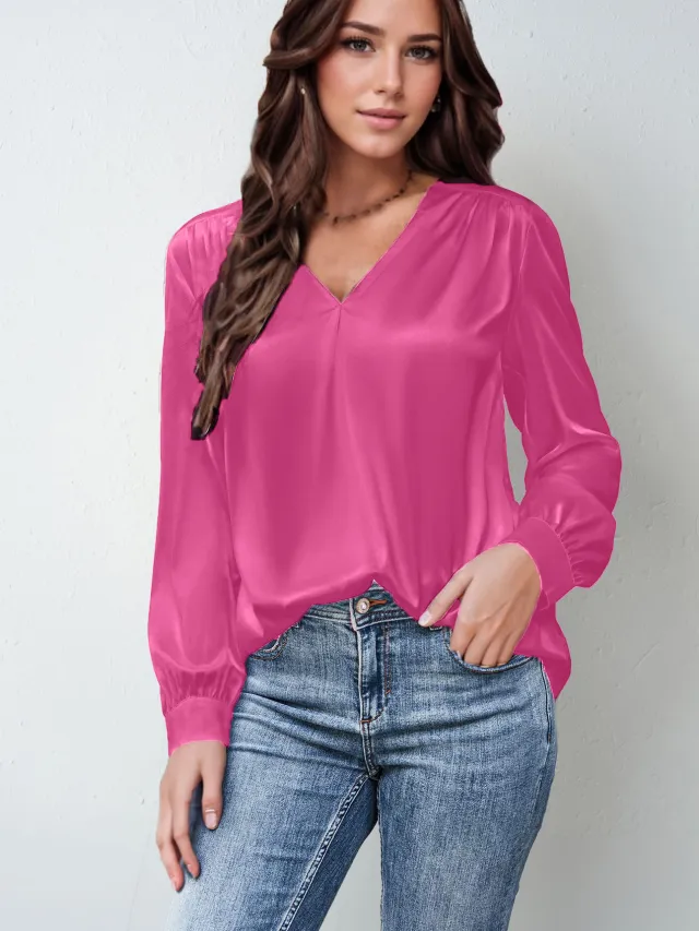 Satin Pleated Long sleeved Top V neck Casual Loose Shirt Pink - Shop at LoveMi
