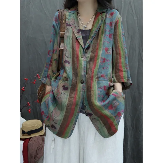 Women's Loose Personality Western Style Leisure Jacket Striped Flower - Shop at LoveMi