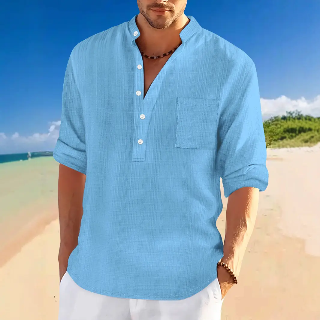 Mens Stand-Collar Bamboo-Blend Loose-Fit Casual Long-Sleeve Shirt