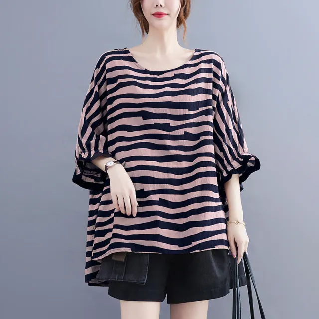 Summer Women's Loose Plus Size Striped Batwing Sleeve T shirt Blue - Shop at LoveMi
