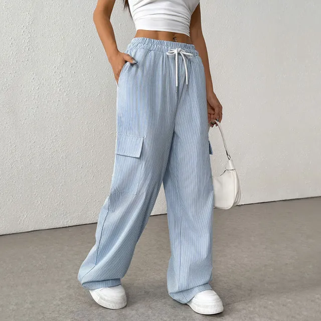 Women's Casual Elastic Striped Pocket Trousers Blue - Shop at LoveMi