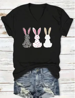 Happy Easter Rabbit Printed Women's Round Neck Short Sleeve T-shirt - Black 5 - View 1