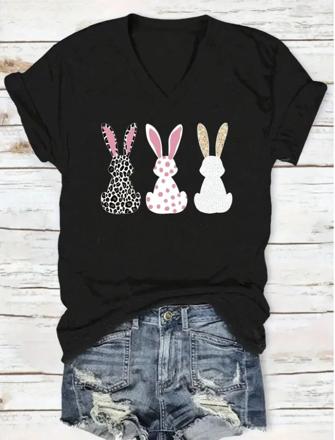 Happy Easter Rabbit Printed Women's Round Neck Short Sleeve T-shirt - Black 5