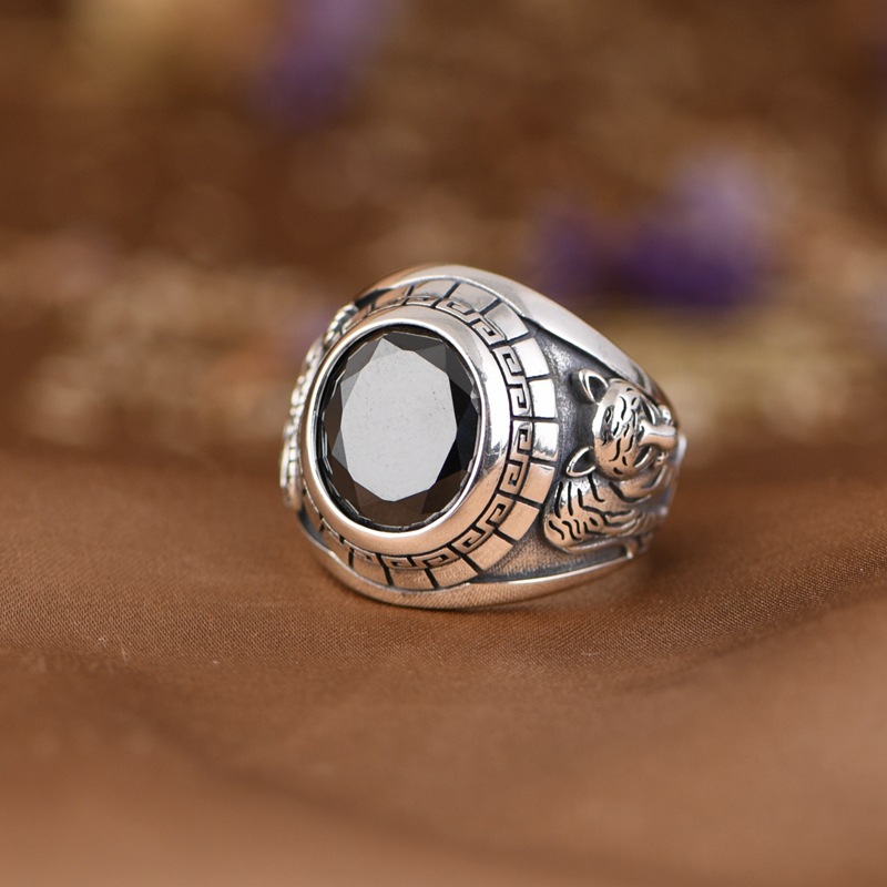 S925 Silver Vintage Second-hand Black Color Zirconia White Tiger Ring