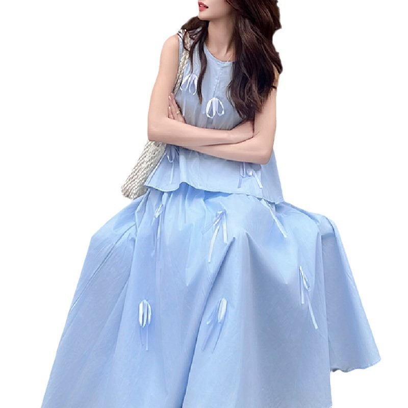 French Style Bow Blue Sleeveless Suit Skirt For Women