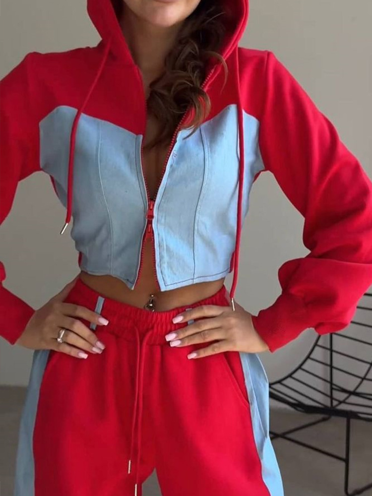 Fashion Casual Sweater Suit Denim Stitching Hooded Top And Trousers Women's Clothing