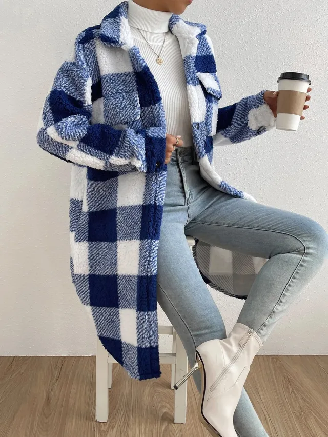 Button Lapel Plush Plaid Coat Loose Blue - Shop at LoveMi