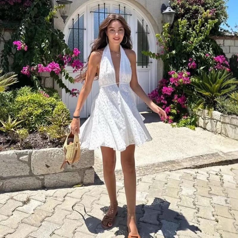 European And American Style Women's Ins Hollow Embroidery Hanging Collar Dress