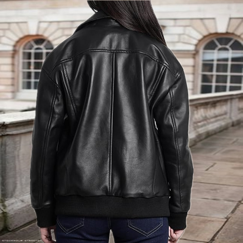 Zipper And Lapel Thread Cuff And Hem Pocket Leather Coat