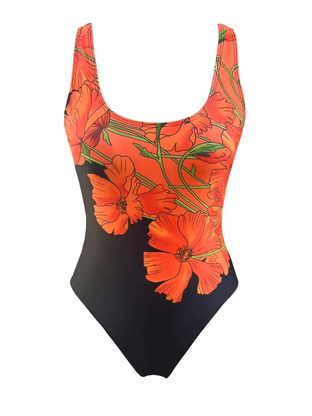 Swimsuit Slim Fit Sexy Flowers Printed Backless One piece Bikini Orange - Shop at LoveMi
