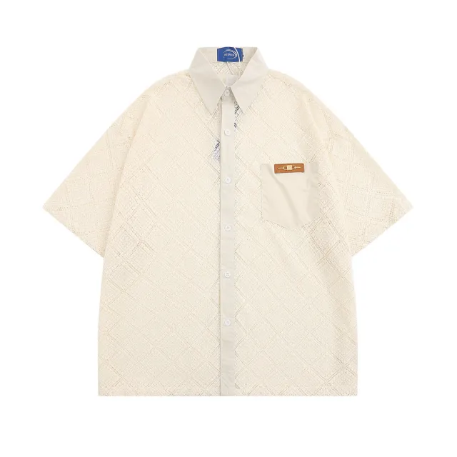 Hollow out Crocheted Lace Short sleeved Shirt Beige - Shop at LoveMi