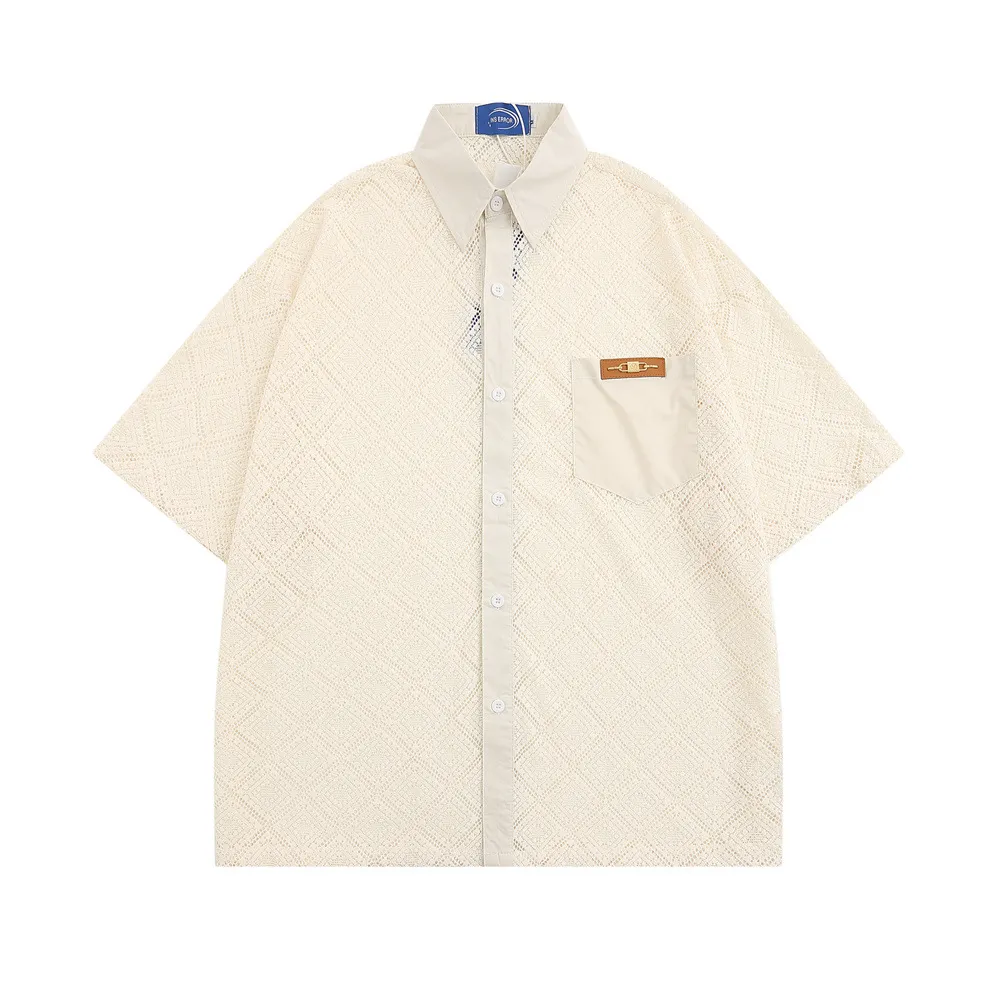 Hollow-out Crocheted Lace Short-sleeved Shirt - Beige