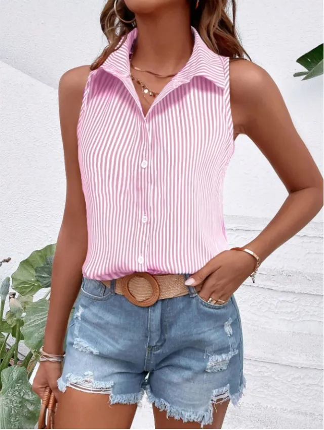 Womens Loose Casual Striped Printed Sleeveless Shirt Pink - Shop at LoveMi