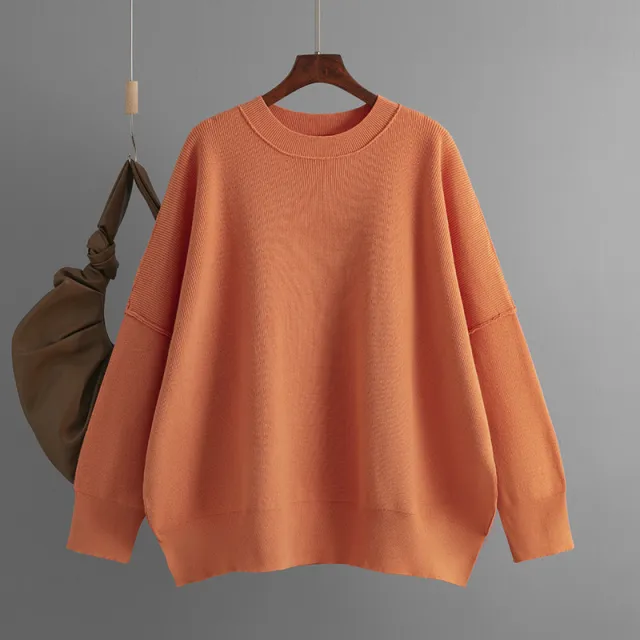 Autumn And Winter New Women's Fashion Round Neck Sweater Solid Color Loose Pullover Orange Red - Shop at LoveMi