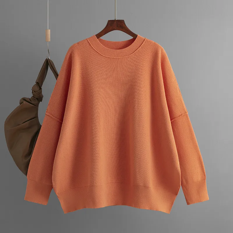 Autumn And Winter New Women's Fashion Round Neck Sweater Solid Color Loose Pullover - Orange Red