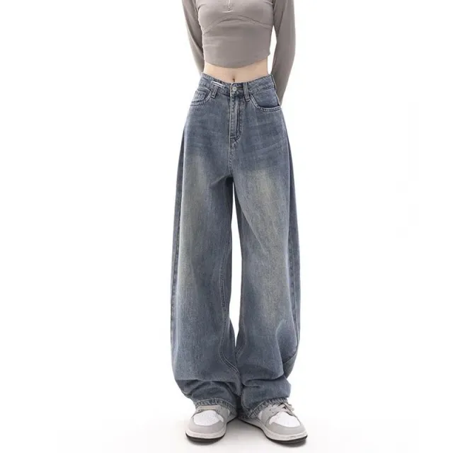 American High Street Retro Style Jeans Women's High Waist Loose All matching Straight Wide Leg Pants Slim Pants Blue - Shop at LoveMi