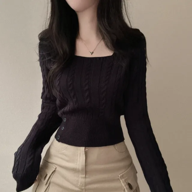 Retro Twist Knitted Sweater Single Row Button Square Collar Solid Color Underwear Top Black - Shop at LoveMi