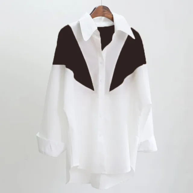 Women's Single breasted Long Sleeve Lapel Color Matching Shirt Black - Shop at LoveMi
