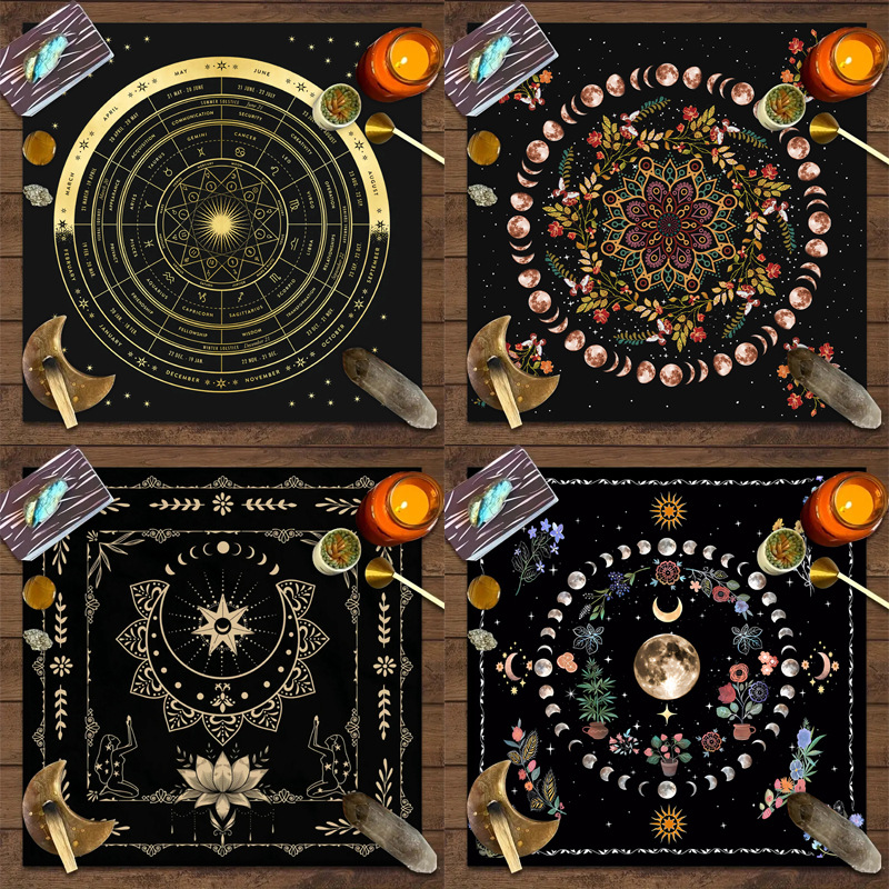 Tarot tablecloth board game decorative cloth with power mandala moon phase floral butterfly design.