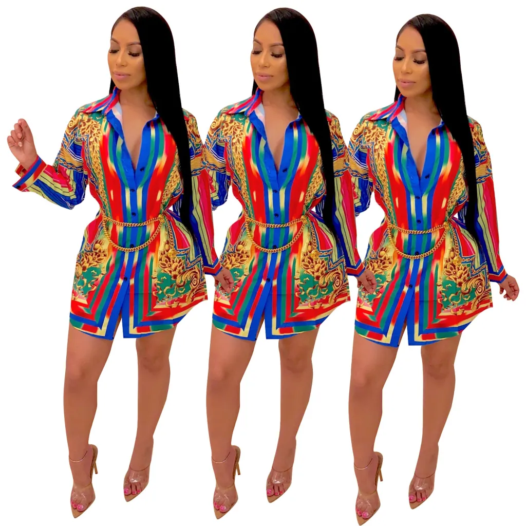 Color Striped Long Sleeve Shirt Dress - Blue