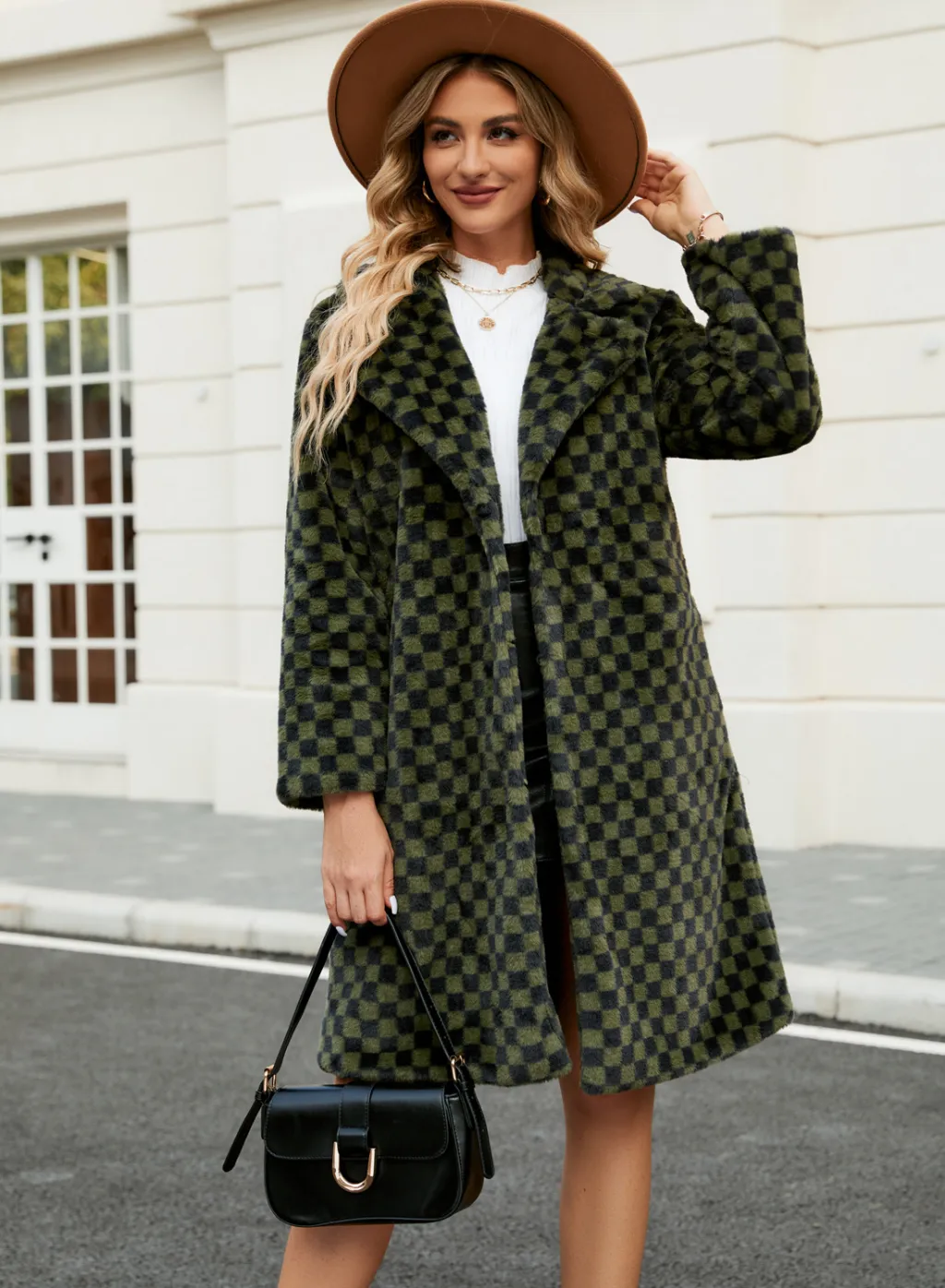 Women's Mid-length Plaid Loose Plush Coat - Green Squares