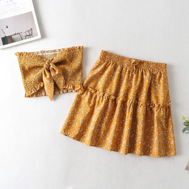 Women's New Patchwork Skirt With Wave Edge And Small Floral Pattern Yellow - Shop at LoveMi