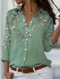 New Solid Colour Flower Branch Classical Elegant Printing 3D Digital Loose Cardigan Women's Long-sleeved Blouse - B25Sltha240216U-2Xl - View 1