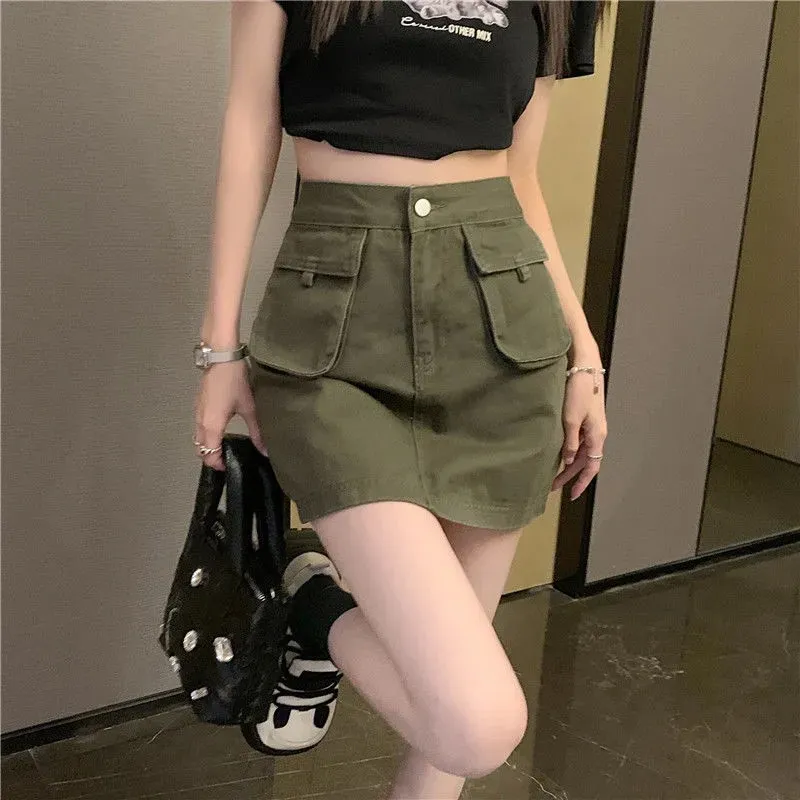 Workwear Denim Skirt Women's A- Line High Waist Skirt - Green