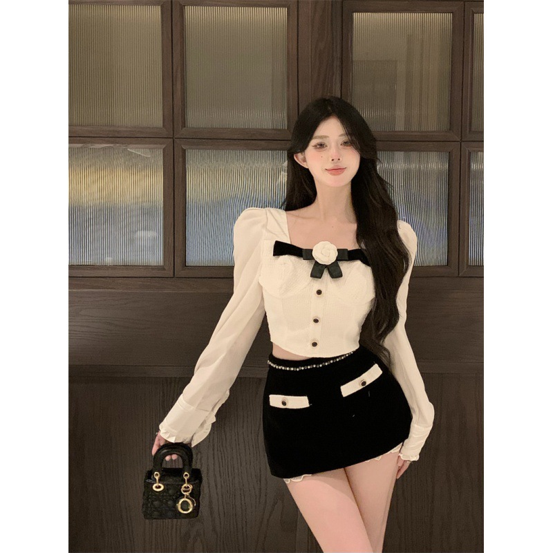 Square Collar Puff Sleeve Camellia Top Women's Autumn High Waist Velvet Skirt
