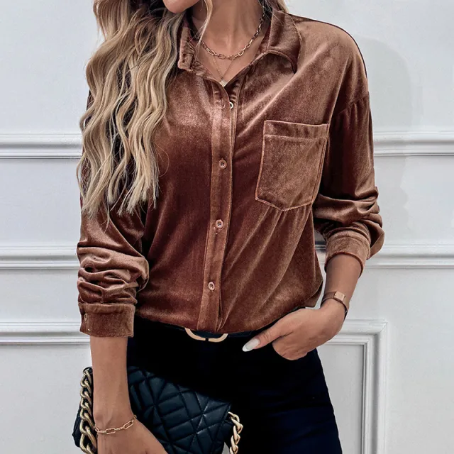 Autumn Cardigan Lapel Velvet Solid Color Long sleeved Shirt Coffee Brown - Shop at LoveMi