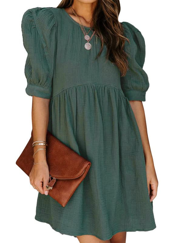 Fashionable Round-neck Three-quarter-sleeve A-line Solid-color Maxi Dress