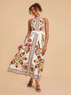 Women's Floral Print Lace-up Sleeveless Mid-length Dress - Floral - View 1